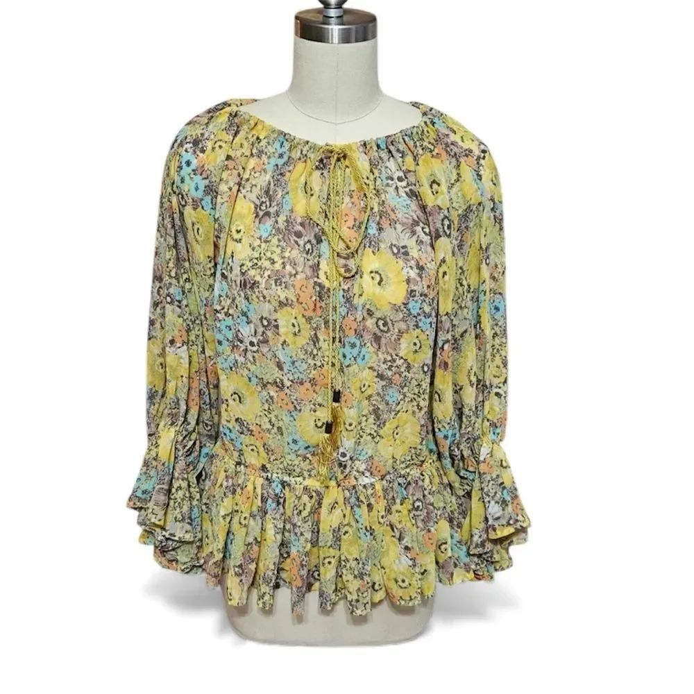 Moda International Yellow Floral 
ruffle tie cold shoulder  bat style sleeves